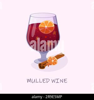 mulled wine in a glass with cinnamon orange and anise. Vector illustration Stock Vector