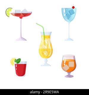 set of cocktails and drinks on an isolated white background. Manhattan, bloody mary, cherry soda, whiskey, lemonade. Stock Vector
