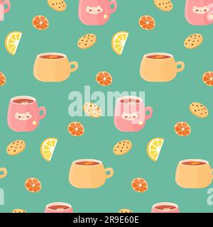 The pattern of tea with lemon and cookies on a beautiful green background. Vector illustration. Stock Vector