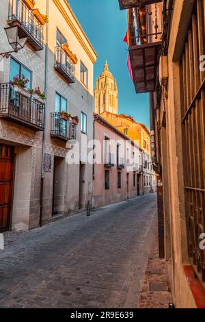 Segovia, Spain - February 18, 2022: Traditional Spanish architecture in the old town of Segovia, Castile and Leon, Spain. Stock Photo