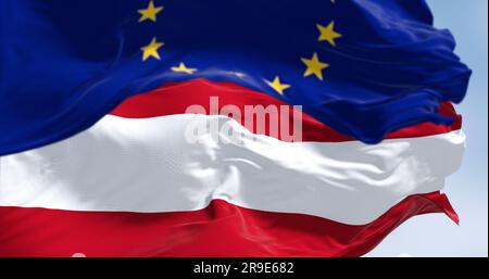 Austria and European Union flags waving together on a clear day. Democracy and politics. European country. 3d illustration render. Fluttering fabric Stock Photo