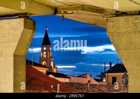 View of the bell tower of San Cetteo seen from under the motorway junction, Pescara, Italy Stock Photo