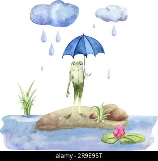 Funny frog under an umbrella. Watercolor illustration. Cartoon. Stock Vector