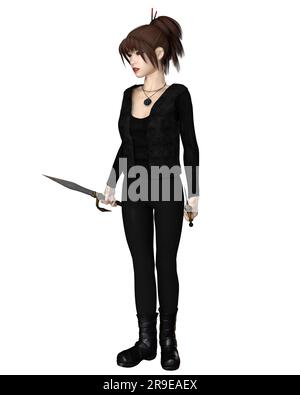 Female Asian Assassin with Swords, Standing Stock Photo