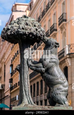 The Statue of the Bear and the Strawberry Tree, El Oso y el Madrono is a sculpture from the second half of the 20th century, Puerta del Sol Square. Stock Photo
