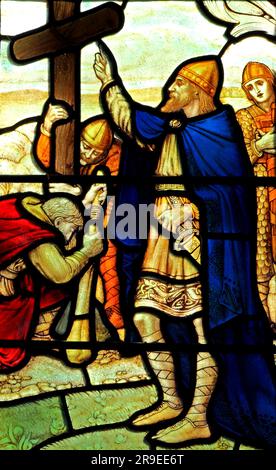 St Oswald, setting up wooden cross, before Battle of Heavenfield, AD 633, stained glass, by J Powell & Son, 1900, Blakeney, Norfolk, England Stock Photo