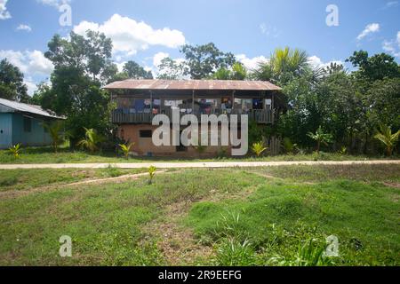 Views of the streets and houses of a jungle region in the Peruvian Amazon located near the city of Tarapoto. Stock Photo