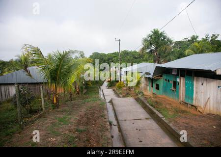 Views of the streets and houses of a jungle region in the Peruvian Amazon located near the city of Tarapoto. Stock Photo