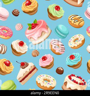 Seamless pattern with colorful cakes, cupcakes, macarons, donuts, candies, and other sweets on a blue background. Vector illustration Stock Vector
