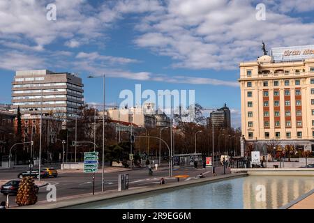 Madrid, Spain - FEB 19, 2022: Plaza de Colon, Columbus Square, is located in the encounter of Chamberi, Centro and Salamanca districts of Madrid, Spai Stock Photo