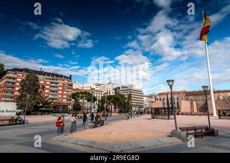 Madrid, Spain - FEB 19, 2022: Plaza de Colon, Columbus Square, is located in the encounter of Chamberi, Centro and Salamanca districts of Madrid, Spai Stock Photo