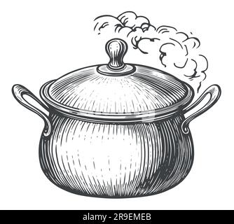 Pot with boiling soup or sauce, saucepan with open lid. Cooking