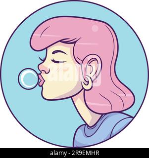 Smiling young adult girl blowing love bubble over white Stock Vector