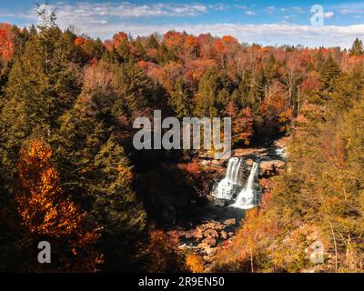 A scenic view of Blackwater Falls surrounded by lush vegetation. West Virginia, USA. Stock Photo