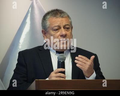 Carlos Figueroa, Executive President of DEVIDA, during a press conference to foreign correspondents in Peru, presenting the 2022 annual report on monitoring coca crops in Peru. The report shows a total of 95,000 hectares of coca crop in Peru, which represents an increase of 18% compared to 2021. The National Commission for Development and Life Without Drugs, DEVIDA, is an official body of the Peruvian Government attached to the Presidency of the Council of Ministers in charge of designing and conducting the national strategy against drugs. Stock Photo