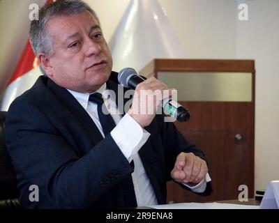 Carlos Figueroa, Executive President of DEVIDA, during a press conference to foreign correspondents in Peru, presenting the 2022 annual report on monitoring coca crops in Peru. The report shows a total of 95,000 hectares of coca crop in Peru, which represents an increase of 18% compared to 2021. The National Commission for Development and Life Without Drugs, DEVIDA, is an official body of the Peruvian Government attached to the Presidency of the Council of Ministers in charge of designing and conducting the national strategy against drugs. Stock Photo