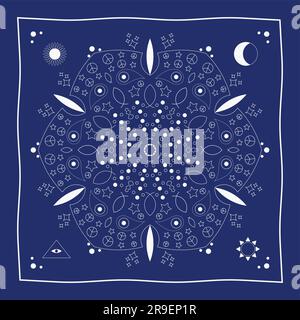 Bandana print Seamless pattern Mandala illustration White on blue Vector Stock Vector