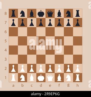 Wall display chess board Top view Wood checkered chess board with black and white chess pieces Chessman in flat style Game figures vector illustration Stock Vector