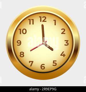 Wall clock Gold colored office clock. Realistic vector illustration Isolated on white background Stock Vector