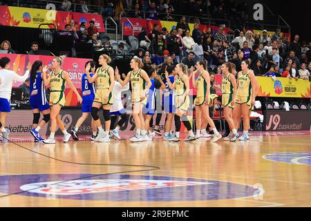 26th June 2023; The Quaycentre, Sydney Olympic Park, Sydney, NSW, Australia: FIBA Womens Asia Cup 2023, Group B, Australia versus Philippines; The teams greet before the match Stock Photo