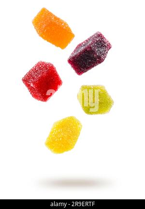 assorted jelly candies floating on white background. Stock Photo