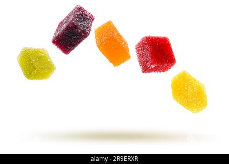 assorted jelly candies floating on white background. Stock Photo
