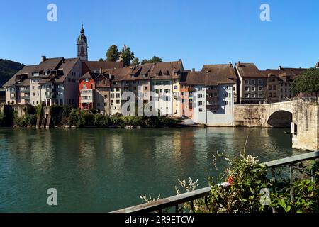 View from Laufenburg (Baden / Germany) to Laufenburg (Aargau / Switzerland) Stock Photo