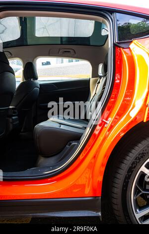 Rear seats of an XPeng G6 Performance SUV electric car on a test drive in Guangzhou, Guangdong Province, China. Stock Photo