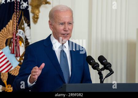 Washington, United States. 26th June, 2023. U.S. President Joe Biden speaks on the Administration's high-speed internet infrastructure announcement in the East Room of the White House in Washington, DC on Monday, June 26, 2023. Photo by Ken Cedeno/UPI Credit: UPI/Alamy Live News Stock Photo