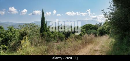 Ancient track way through the countryside with shrubs, grass and trees, with distant mountains on the horizon, Kefalonia, Greece Stock Photo