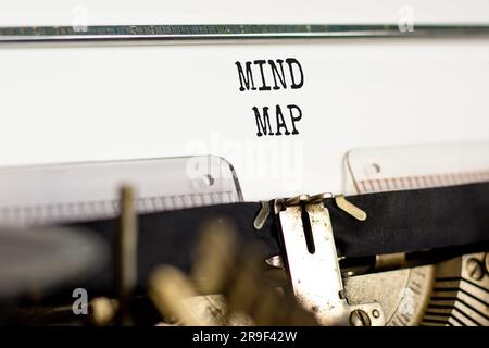 Mind map symbol. Concept words Mind map typed on beautiful old retro typewriter. Beautiful white background. Business, support, motivation, psychologi Stock Photo