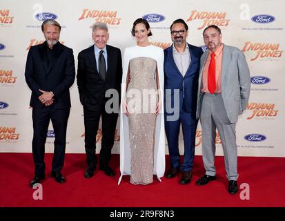 Mads Mikkelsen, Harrison Ford, Phoebe Waller-Bridge, James Mangold and John Rhys-Davies arrive for the UK premiere of Indiana Jones and the Dial of Destiny at Cineworld Leicester Square in London. Picture date: Monday June 26, 2023. Stock Photo