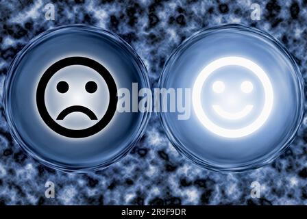 Circles with faces representing positive, negative and neutral grade, emotion. Abstract background. 3d illustration. Stock Photo