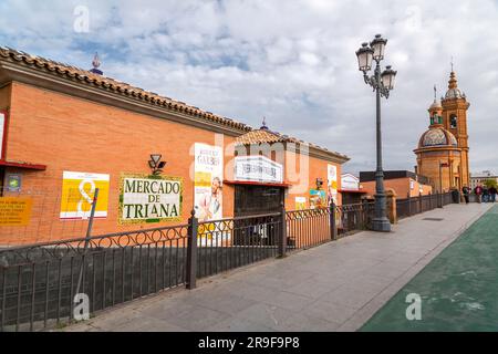 Seville, Spain-FEB 24, 2022: Exterior view of the Mercado de Triana, a covered food market in Triana district of Sevilla, Spain. Stock Photo