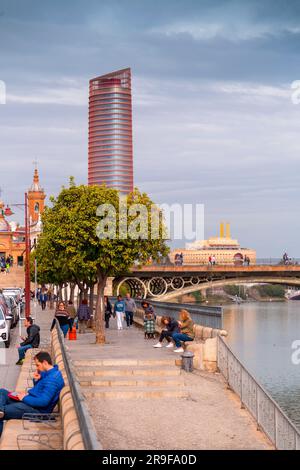 Seville, Spain-FEB 24, 2022: The Sevilla Tower known until 2015 as the Pelli Tower, is an office skyscraper in Seville, Spain. Its construction starte Stock Photo