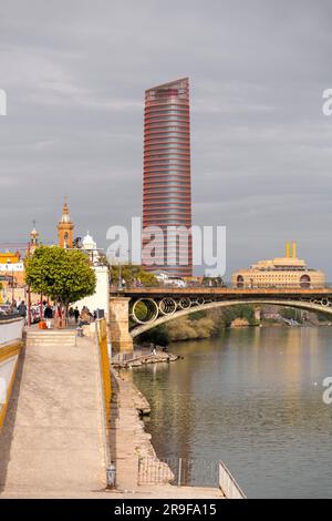 Seville, Spain-FEB 24, 2022: The Sevilla Tower known until 2015 as the Pelli Tower, is an office skyscraper in Seville, Spain. Its construction starte Stock Photo