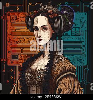 Vector of Ada Lovelace, early computer programer and mathematician, computer coding Stock Vector