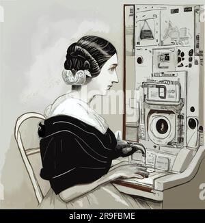 Vector of Ada Lovelace, early computer programer and mathematician, computer coding Stock Vector