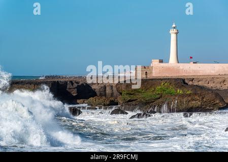 The lighthouse of Rabat during stormy sea, Morocco Stock Photo