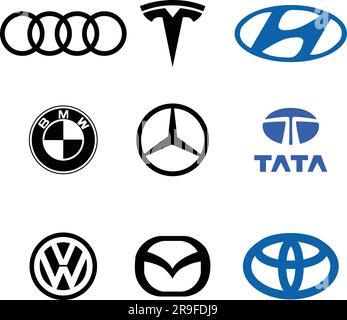 BMW, Volkswagen, Toyota, Audi, Mercedes, Tesla, Mazda, Tata, Hyundai, logo icon car brand sign symbol famous label identity style Top automotive. Blac Stock Vector