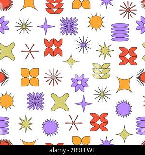 Vector seamless pattern with abstract colorful minimalistic patchwork geometric elements. Contemporary simple various shapes, curves, lines, zigzag. P Stock Vector