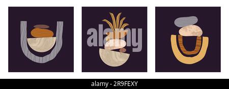 Modern set of abstract contemporary aesthetic backgrounds with geometric balance shapes, stones, pots. Trendy mid century modern art poster prints, bo Stock Vector