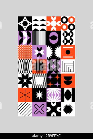 Vector background with abstract colorful minimalistic patchwork geometric elements. Contemporary simple various shapes, curves, lines, zigzag. Poster Stock Vector