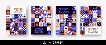 Vector set with abstract colorful minimalistic patchwork geometric elements. Contemporary mosaic with simple various shapes, curves, lines, zigzag Stock Vector