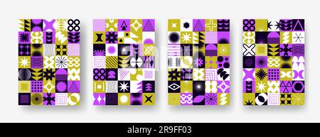 Vector set with abstract colorful minimalistic patchwork geometric elements. Contemporary mosaic with simple various shapes, curves, lines, zigzag Stock Vector