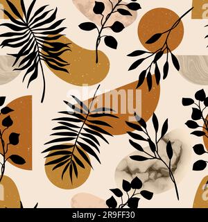 Vector boho tropical seamless pattern with palm leaves, plants and geometric elements. Modern aesthetic contemporary background in mid century style f Stock Vector