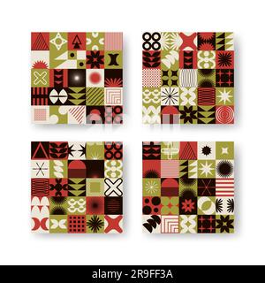Vector set with abstract colorful minimalistic patchwork geometric elements. Contemporary mosaic with simple various shapes, curves, lines, zigzag. Stock Vector