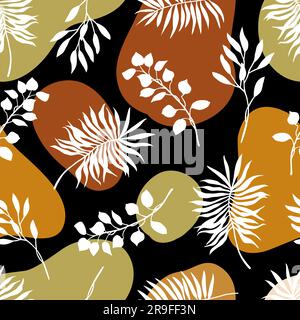 Vector boho tropical seamless pattern with palm leaves, plants and geometric elements. Modern aesthetic contemporary background in mid century style f Stock Vector