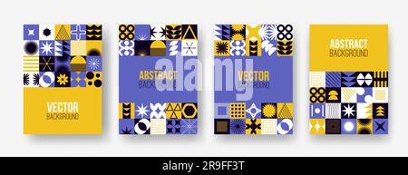Vector set with abstract colorful minimalistic patchwork geometric elements. Contemporary mosaic with simple various shapes, curves, lines, zigzag Stock Vector