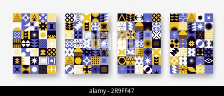 Vector set with abstract colorful minimalistic patchwork geometric elements. Contemporary mosaic with simple various shapes, curves, lines, zigzag Stock Vector
